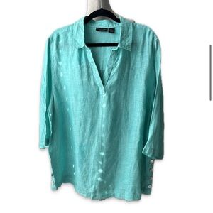 Tahari Shirt Womens 2X Aquamarine Linen Tunic Lagenlook Nautical Coastal Preppy